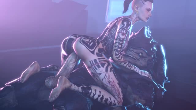 Tattooed Brunette from Mass Effect in an Anal Encounter with a Monster and His Friends for Survival.