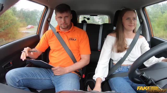 Driving exam turned into sex: busty blonde pleased her instructor in the car
